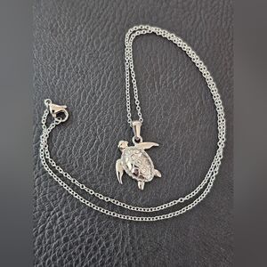 Stainless Steel Turtle Pendant Necklace - Sparkling Shell Accent